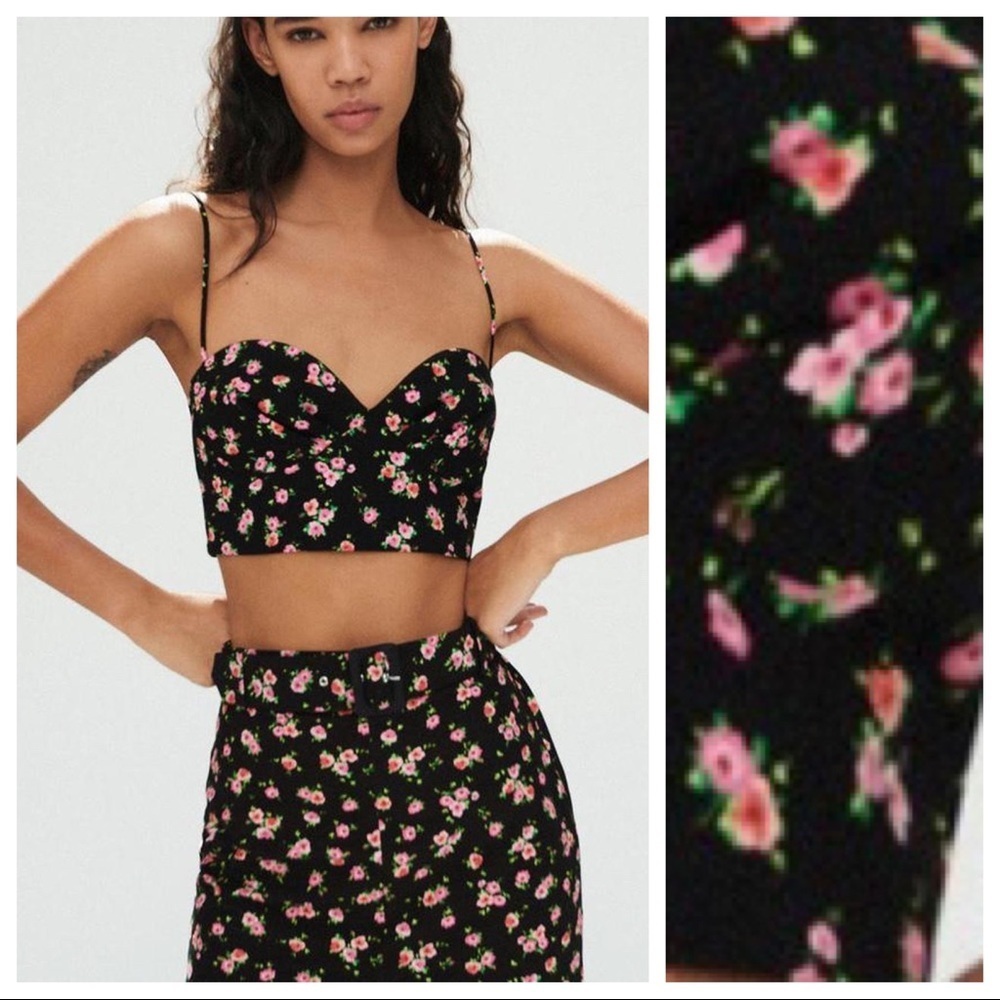 NWT. Zara Black Floral Short Top. Size S.